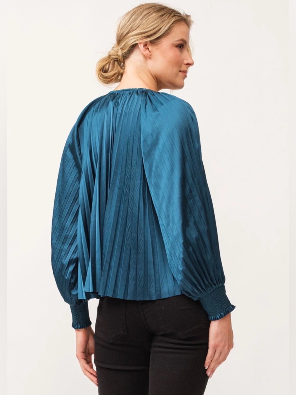 Dear John Teal Pleated V-Neck Blouse with Smocked Cuffs - Picture 2 of 3